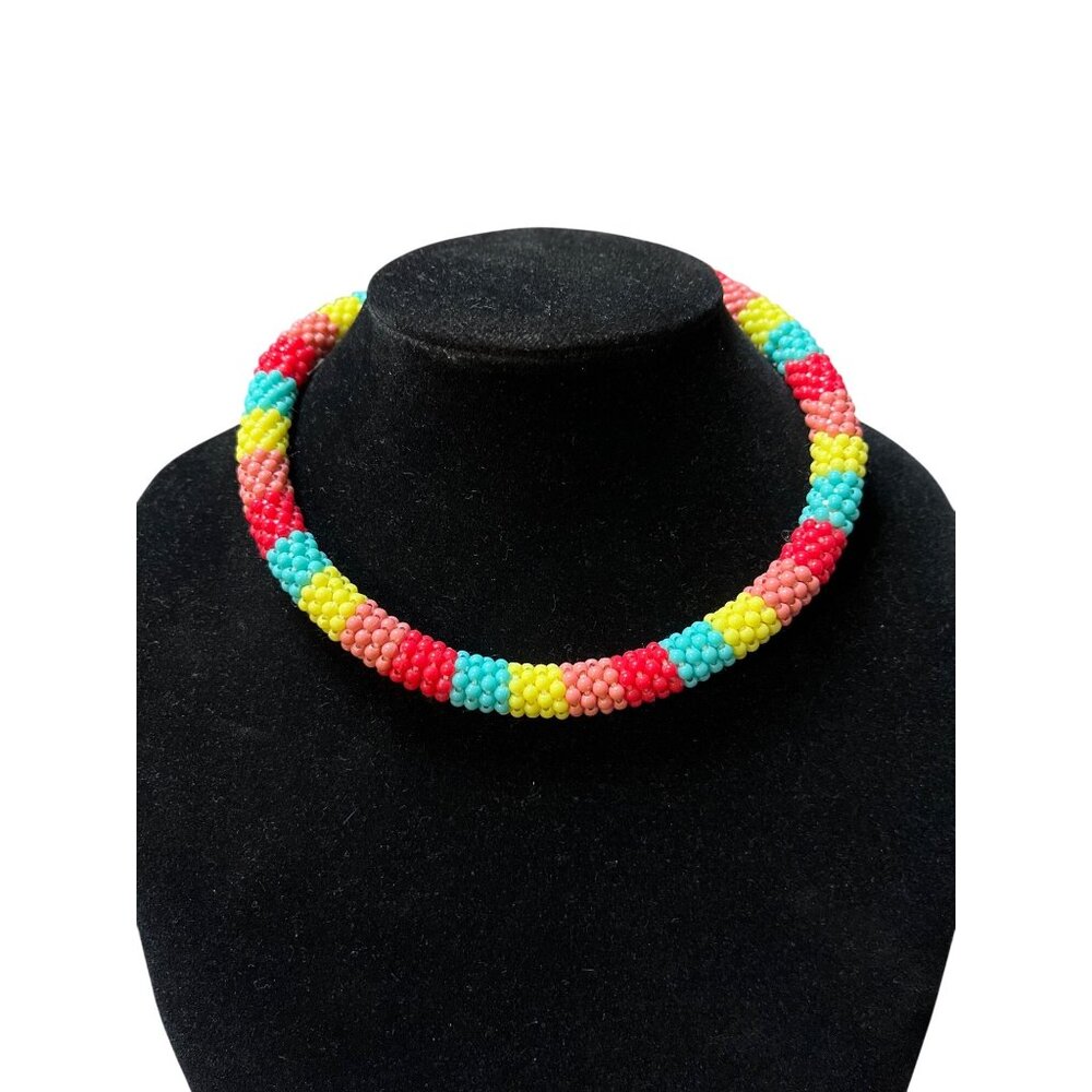 Handcrafted Multicolor Beaded Rope Necklace With Snap Closure Vibrant Red Yellow
